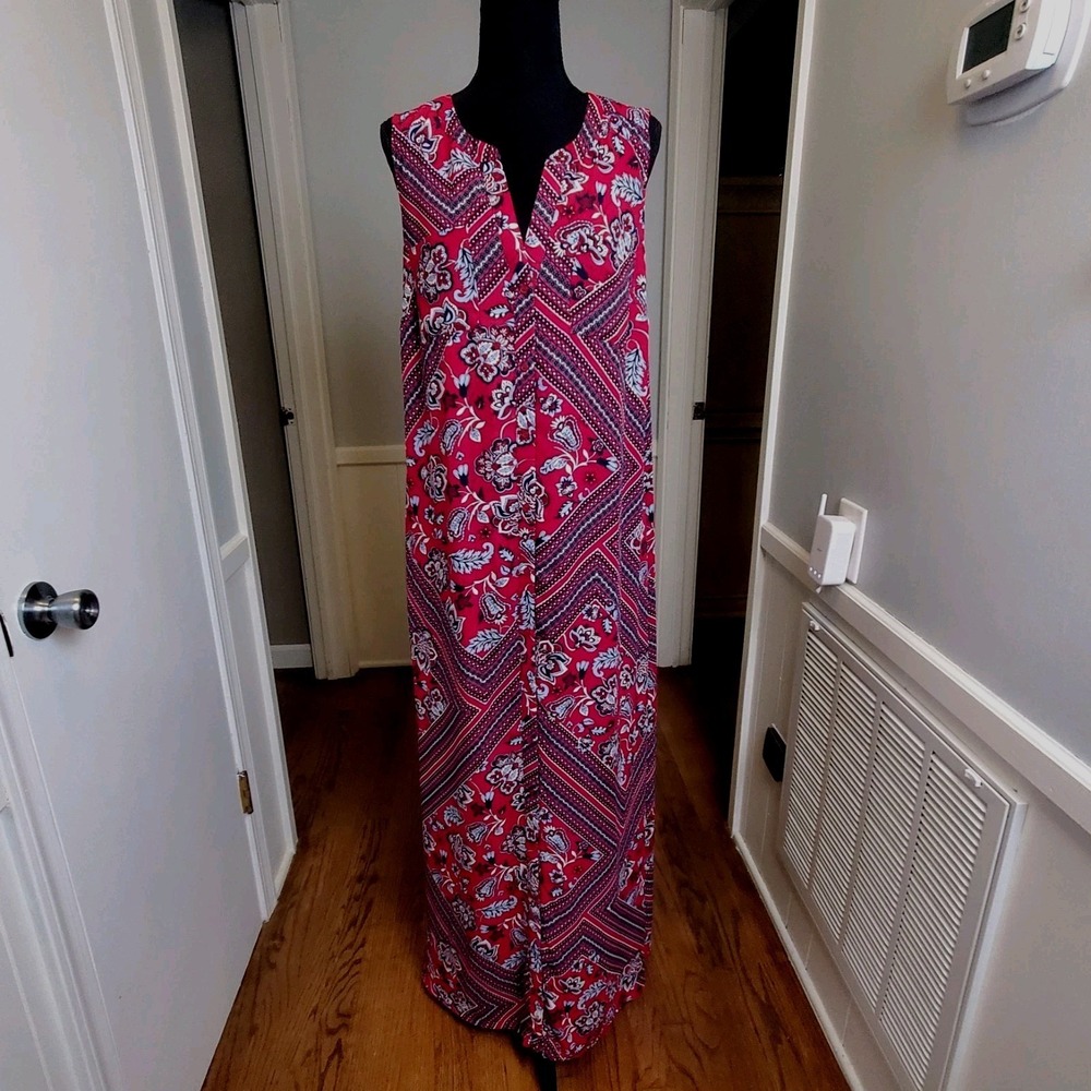 New York & Co Red Bandana Print Maxi Dress Boho Sleeveless Festival Size Large